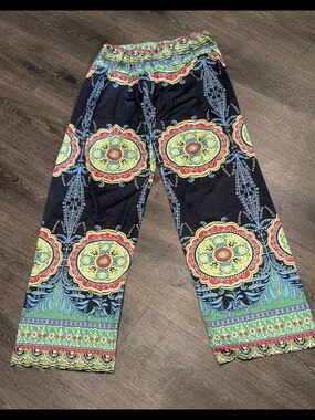 Boho Wide Leg Printed Lounge Pants - Navy with Lime & Red Medallions Size XL